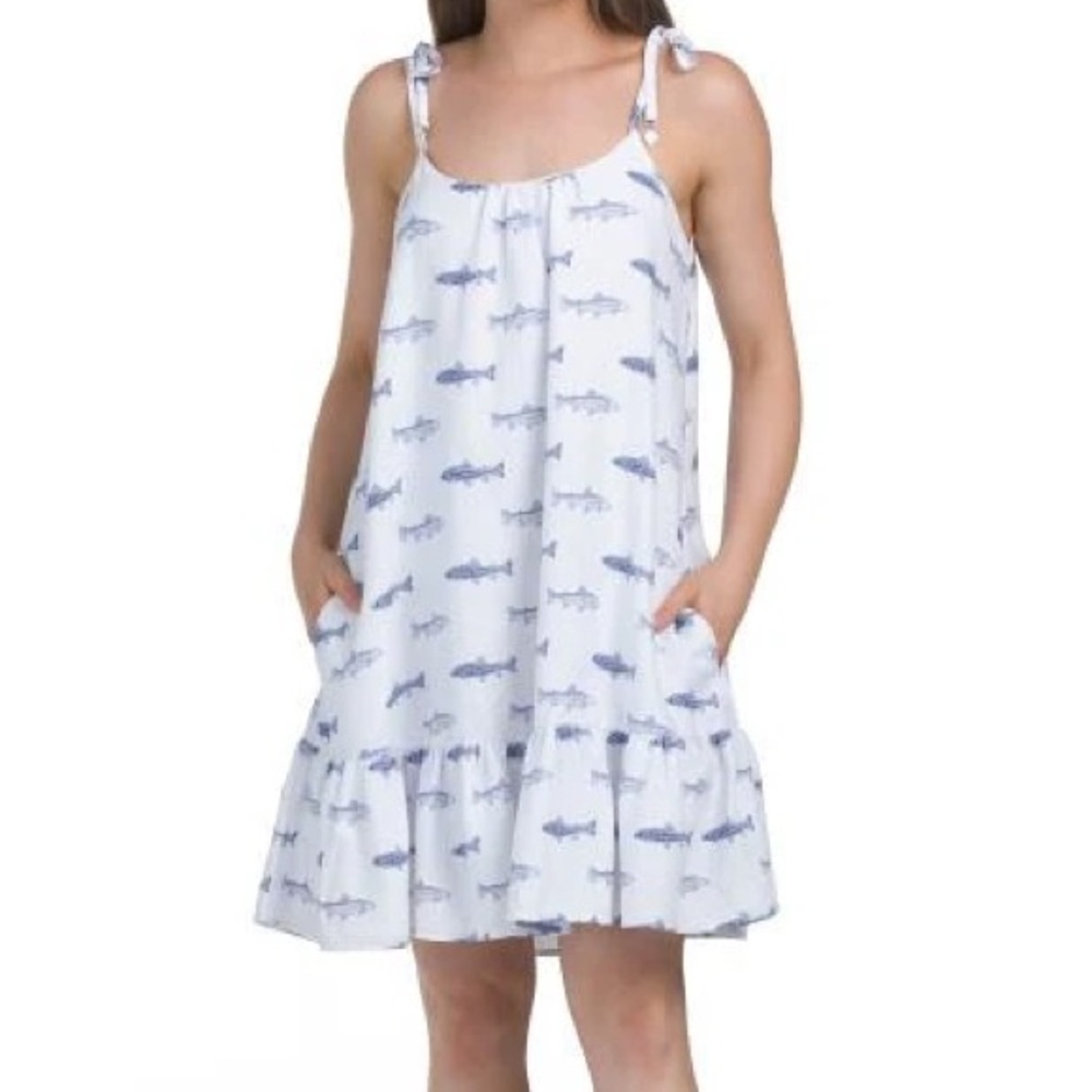 NWOT Cynthia Rowley Linen Blend Tie Strap Blue Fish  Print Flounce Dress XS